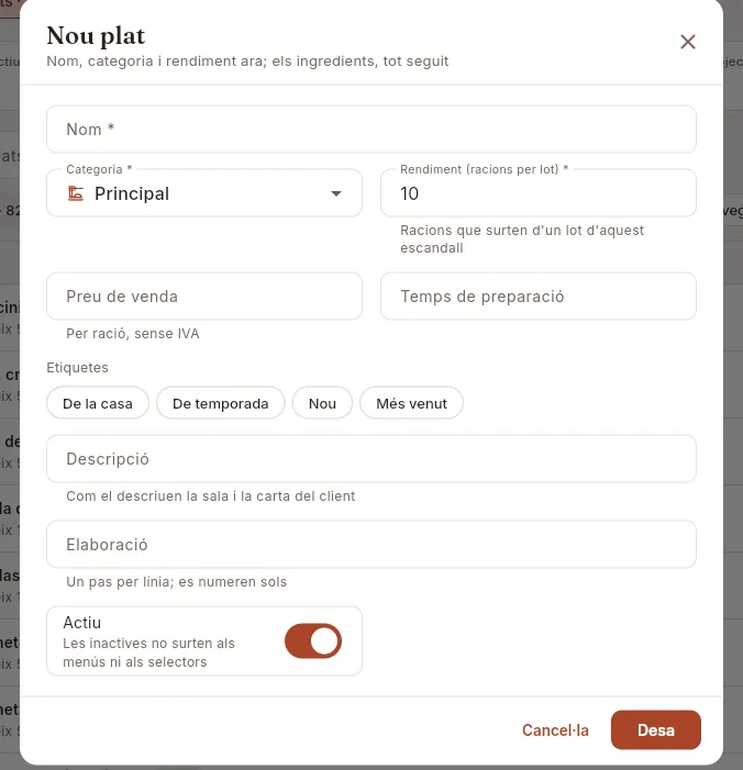 El formulari Nou plat.