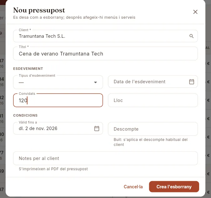 El formulari «Nou pressupost», a mig omplir (no es desa).
