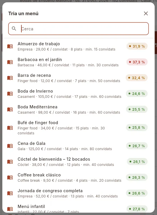 «Afegeix un menú»: els menús actius amb el seu preu i el seu food cost.