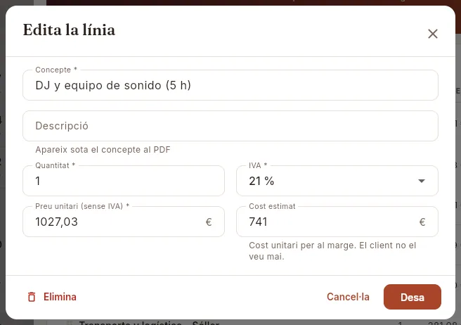Editar una línia de servei (aquí, el DJ). No es desa.