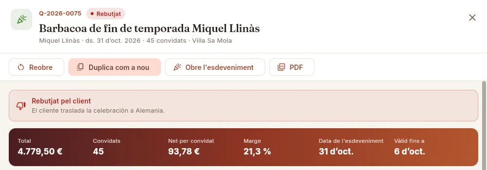 Un pressupost rebutjat, amb el motiu que es va anotar.