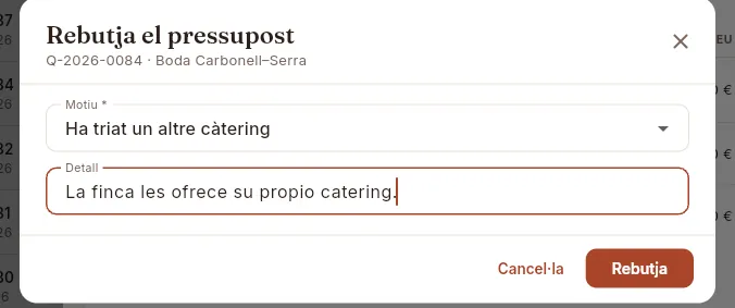 Rebutjar un pressupost amb el seu motiu (no es desa).
