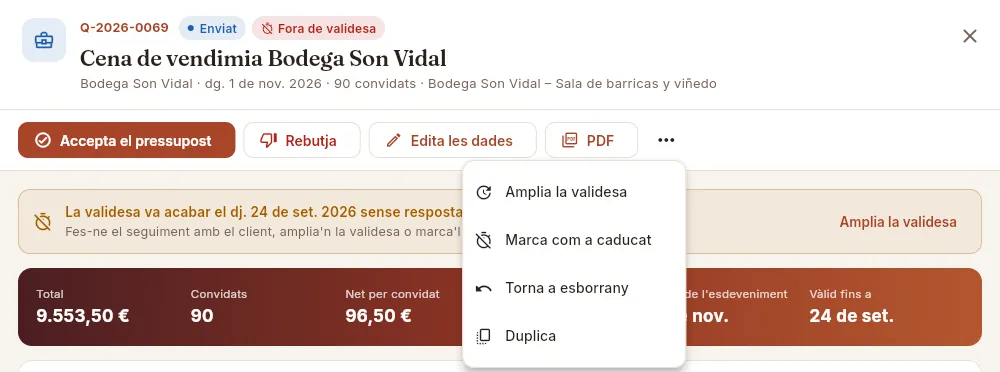Un pressupost enviat que ja ha passat la seva data de validesa, amb «Més opcions» obert.