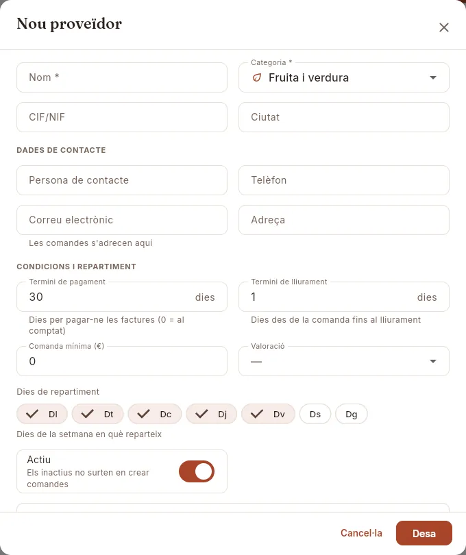 Alta d'un proveïdor (el formulari d'edició és el mateix, amb les seves dades).