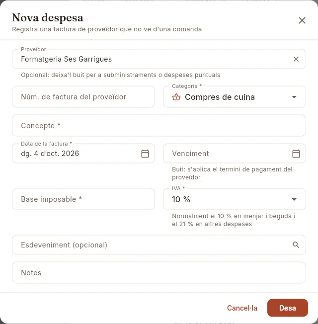 Nova factura de proveïdor des de la seva fitxa: es registra com a despesa a Pagaments.