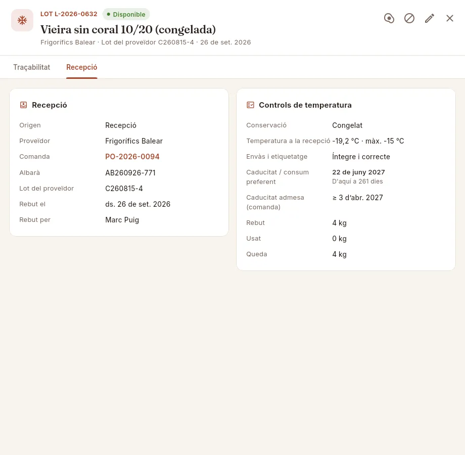 Fitxa d'un lot de vieires congelades, pestanya Recepció: com va arribar i quins controls va passar.