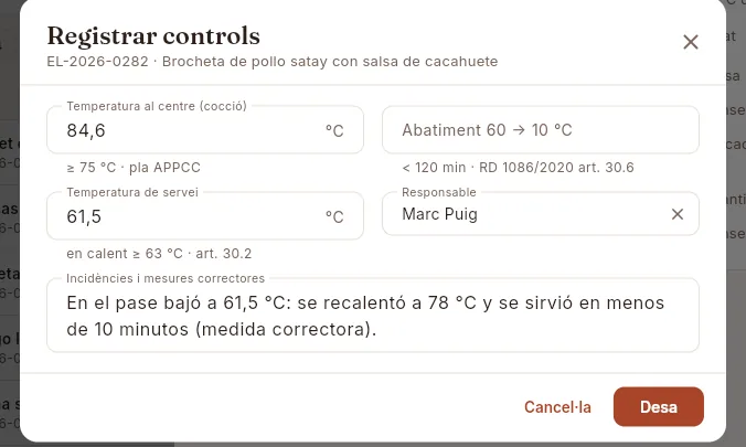 Registrar els controls d'una elaboració (sense desar).