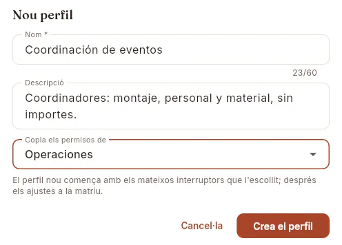 Un perfil nou que parteix dels permisos d'un altre.