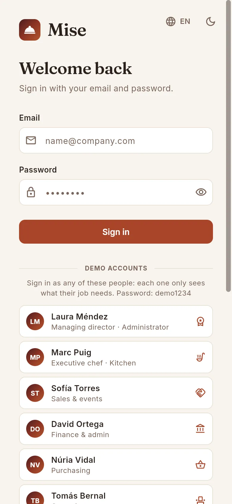 The sign-in screen on a phone: the form and, below it, the demo accounts.