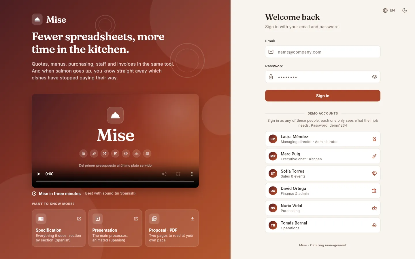 The sign-in screen on a computer: on the left, the introduction to Mise with its video; on the right, the form to sign in.