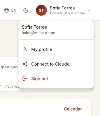 Sofía's menu (the “Comercial y eventos” profile): no Users or Settings.
