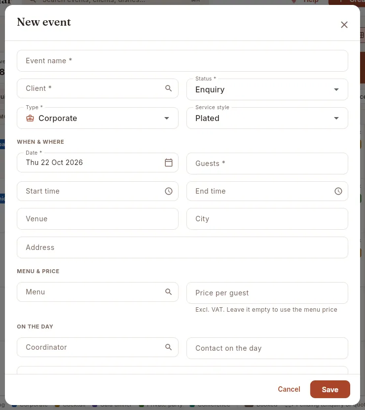 The “New event” form opened from an empty day: the date is already filled in.