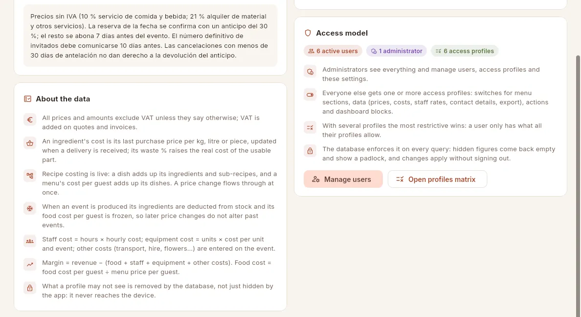 At the bottom of the screen: the summary of the access model and how Mise calculates its figures.