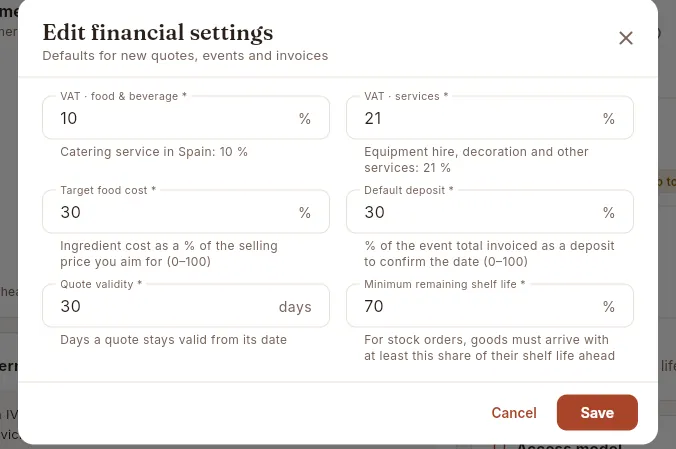 The financial settings form: every value is required.