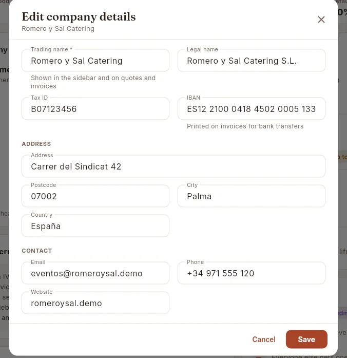 The form with the company's details.
