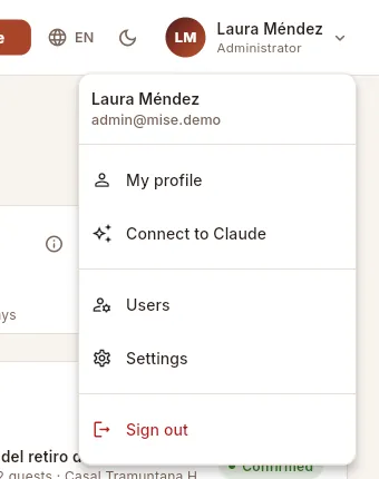 Settings opens from your user menu.