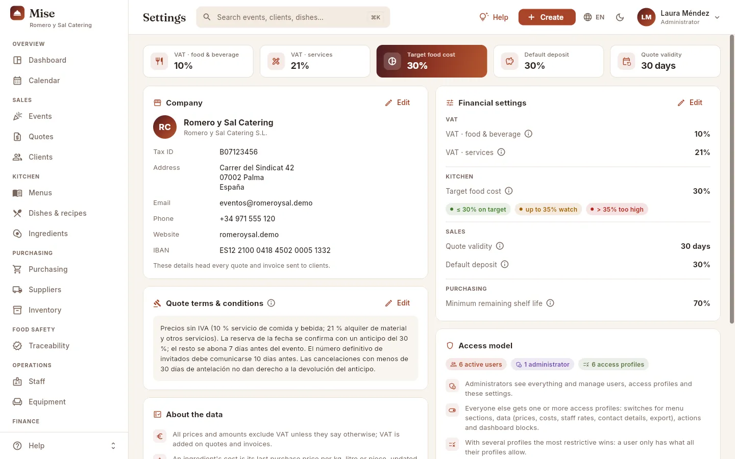 Settings: the key values at the top and, below, a card for each block with its Edit button.