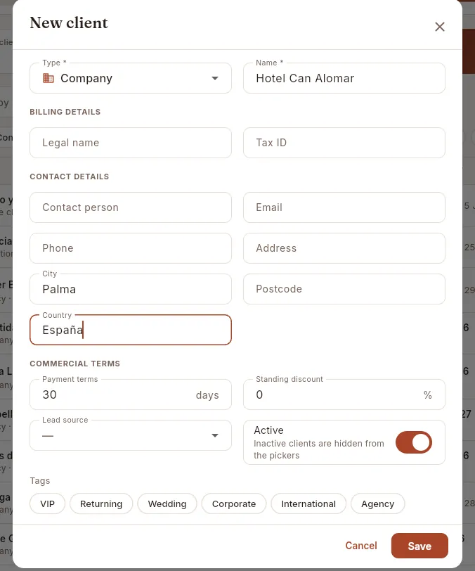 The “New client” form (not saved).
