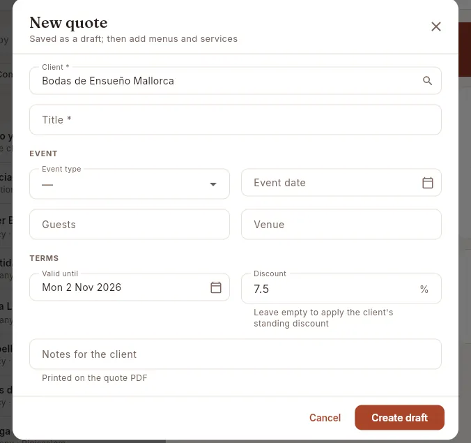 “New quote” from the agency's record: the client and their discount are already filled in.