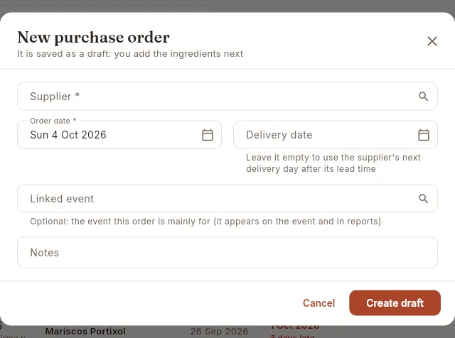 Creating an order: it is saved as a draft and the ingredients are added afterwards.