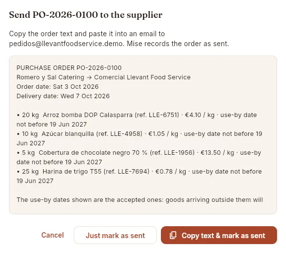 Sending the order: Mise prepares the text to send by email, WhatsApp or phone.