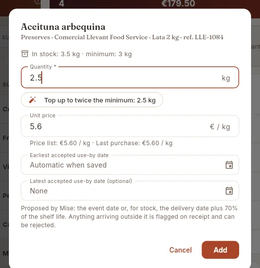 New line: quantity, price and accepted use-by date.