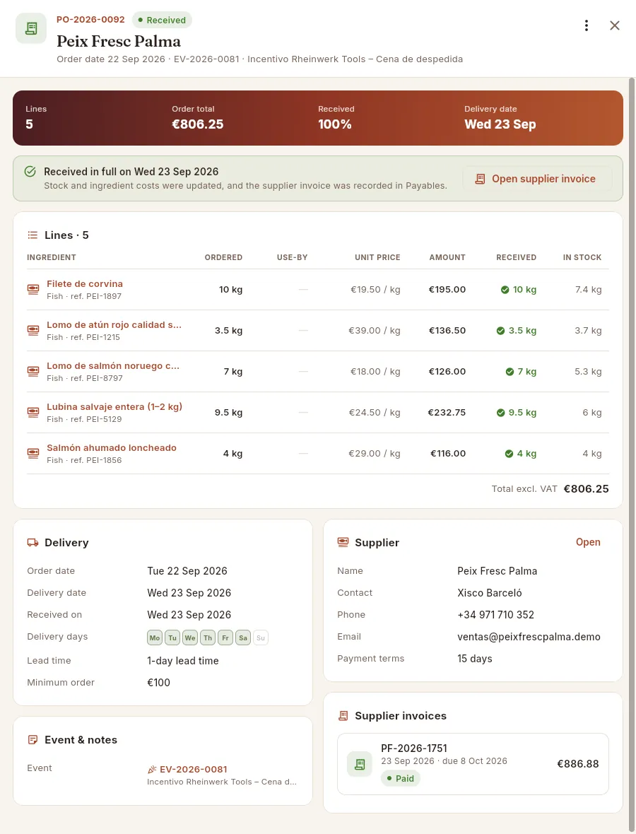 A fully received order (Peix Fresc Palma), with its event and the invoice that was created on receiving it.