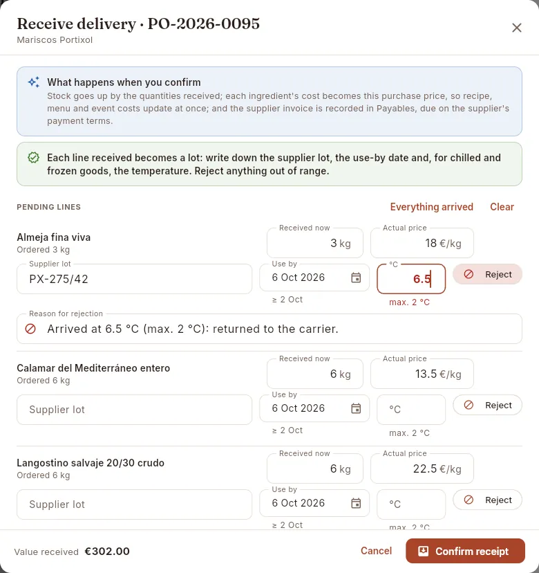 Receiving a seafood order: the clams arrive at 6.5 °C and Mise suggests rejecting them.