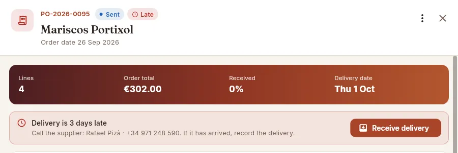 A late order (Mariscos Portixol): Mise suggests calling the supplier.