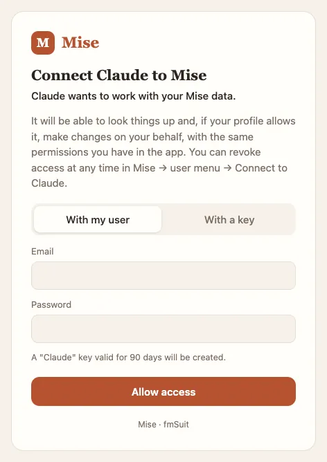 The Mise page Claude opens when you click "Connect": with your user…