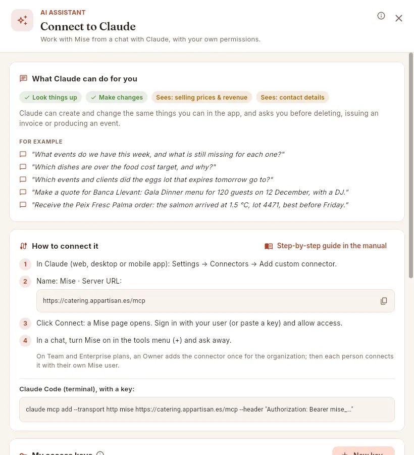 Sofía's "Connect to Claude" panel, with the Comercial y eventos profile.