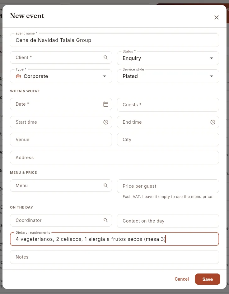 The “New event” form (not saved).