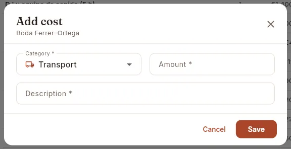 “Add cost” form (not saved).