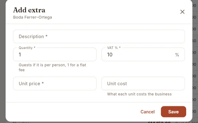 “Add extra” form (not saved).