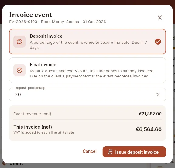 Deposit invoice for a future event (not issued).