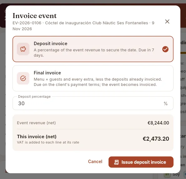 Invoice event with “Deposit invoice”: a percentage of the event's revenue.