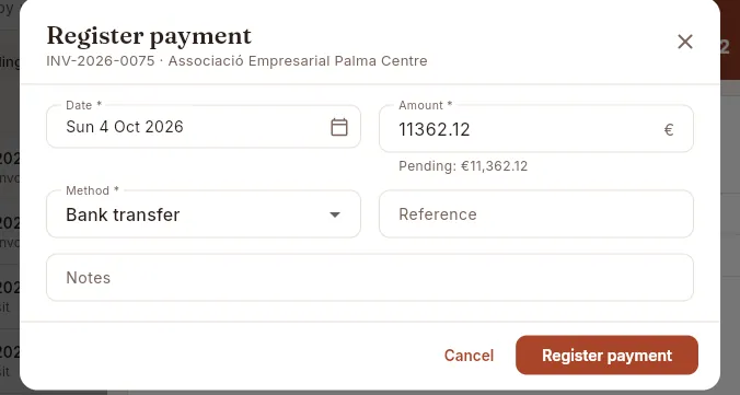 Register payment: the amount suggests what is outstanding.