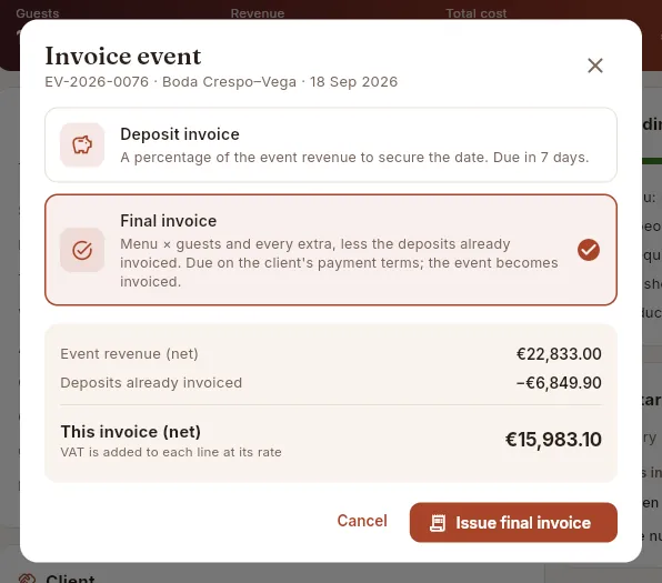 Final invoice for an event that already has a deposit: Mise deducts it.