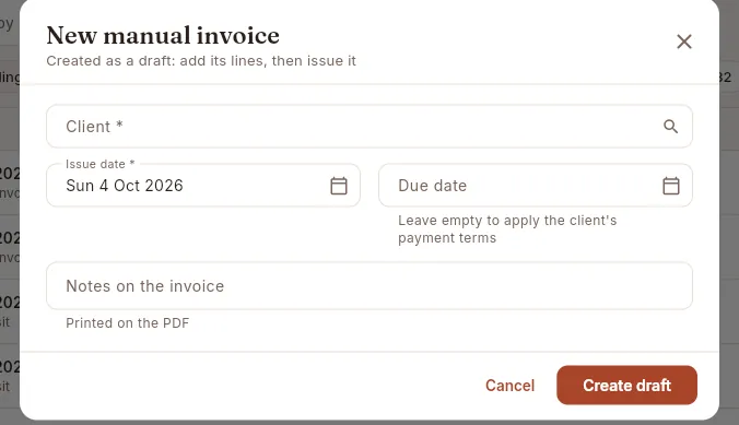 New manual invoice: it is created as a draft and then you add the lines.