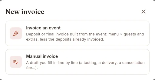 New invoice: from an event or manual.