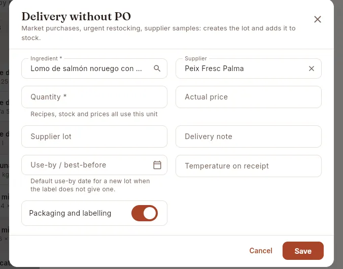 Delivery without PO from the ingredient page (it is not saved until you click Save).