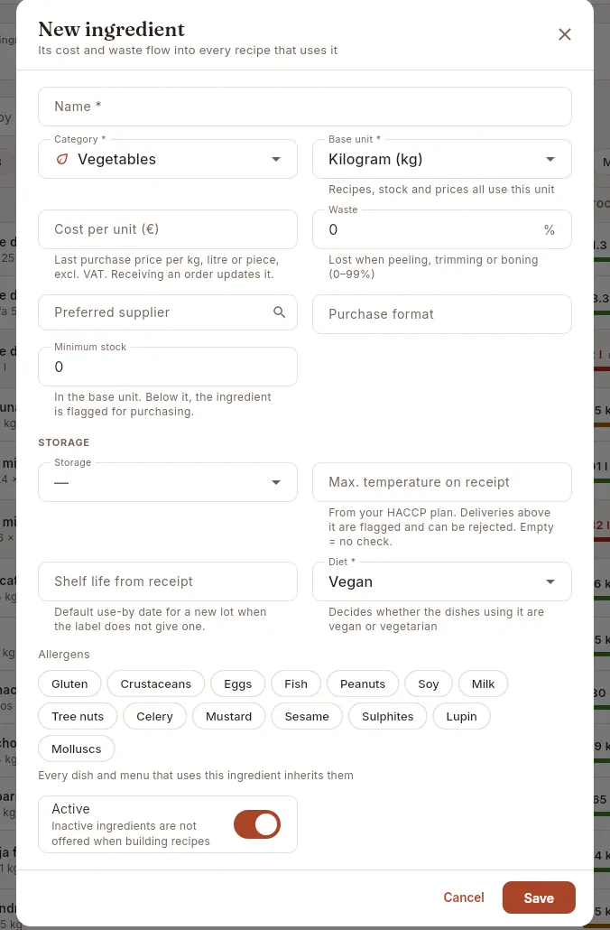 The New ingredient form.