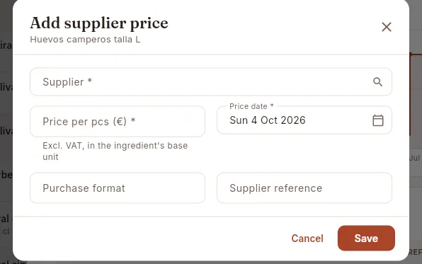 The Add supplier price form.
