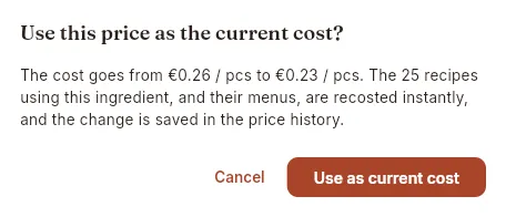 The confirmation before changing the cost.