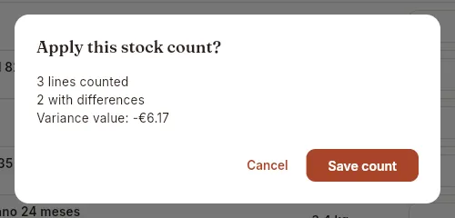 The confirmation before applying the stock count.