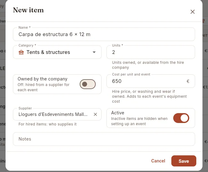 Adding a hired item, filled in and ready to save.