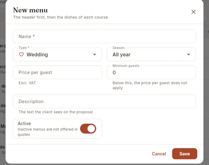 The New menu form: the header first; dishes are added afterwards, on its page.