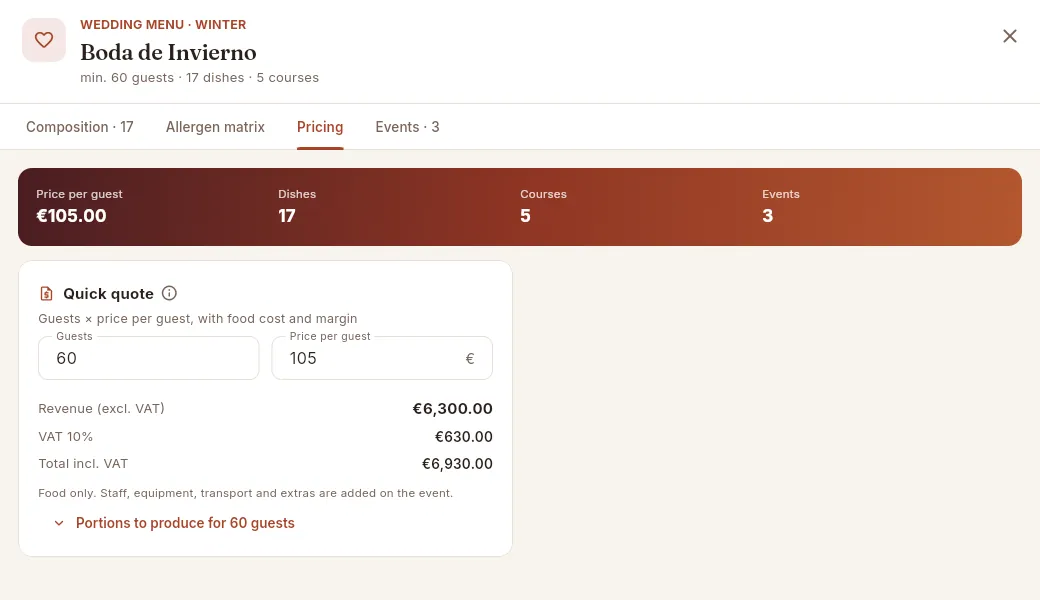 The Price tab seen with the Sales & events profile: only the quick quote, with no costs.