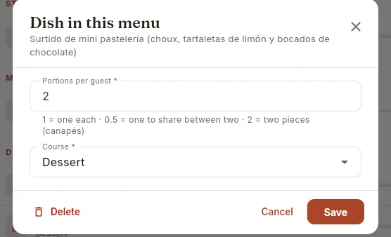 Dish in this menu: portions per guest and course.