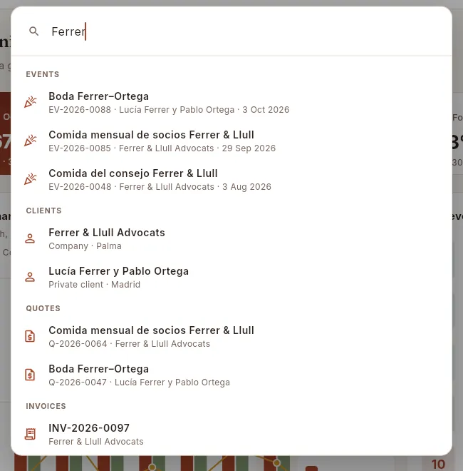 Search for “Ferrer”: events, clients, quotes and invoices, grouped.